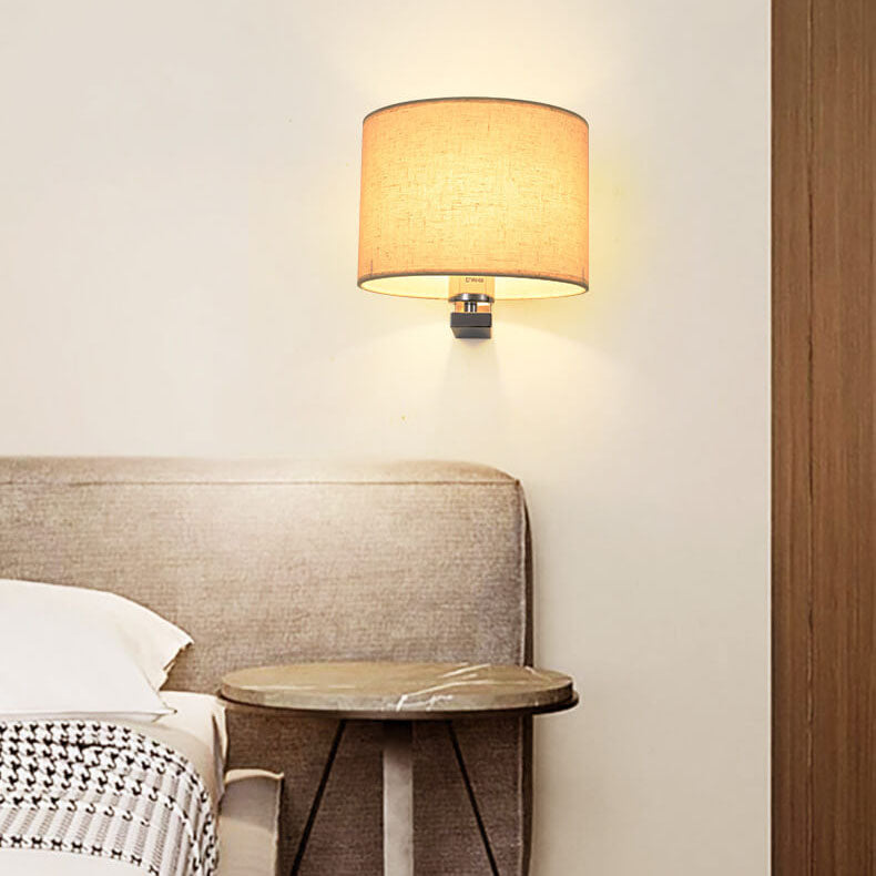 Chinese Retro Electroplated Iron Cylindrical Fabric Shade 1-Light Wall Sconce Lamp