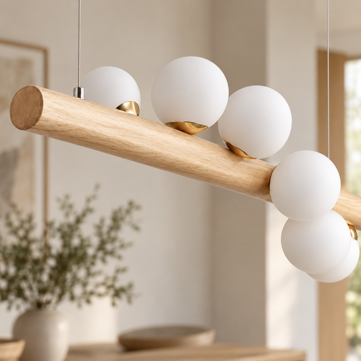 Walnut Wood Beam Globe Linear Pendant, 5 or 7 Lights