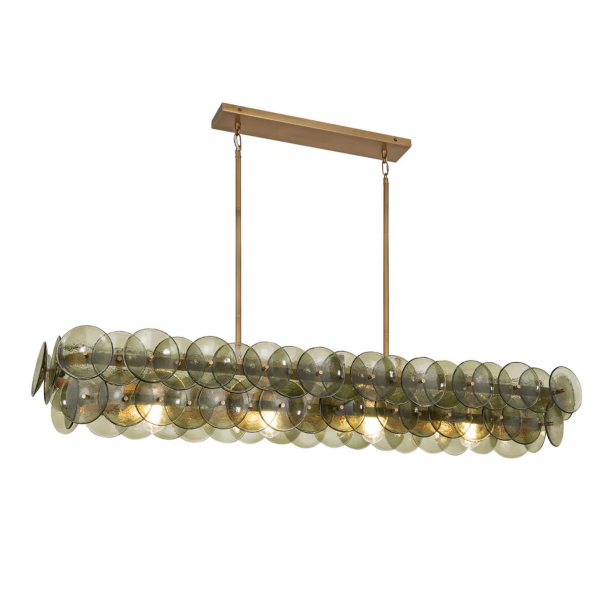 Green Glass Disc Linear Chandelier, 12 Light Gold Frame