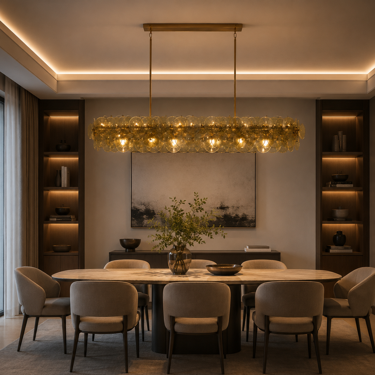 Green Glass Disc Linear Chandelier, 12 Light Gold Frame