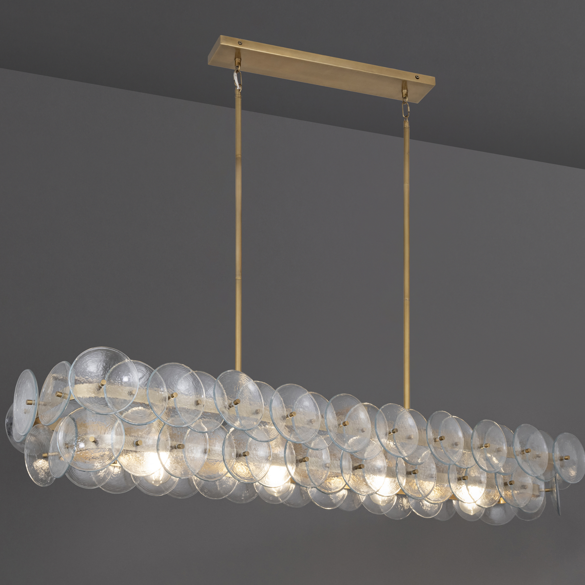 Clear Glass Disc Linear Chandelier, 12 Light Gold Frame