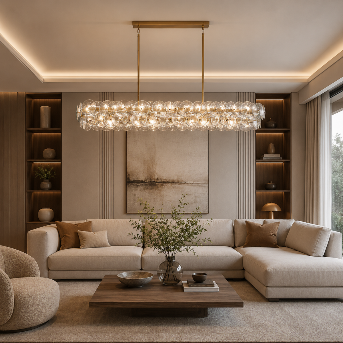 Clear Glass Disc Linear Chandelier, 12 Light Gold Frame