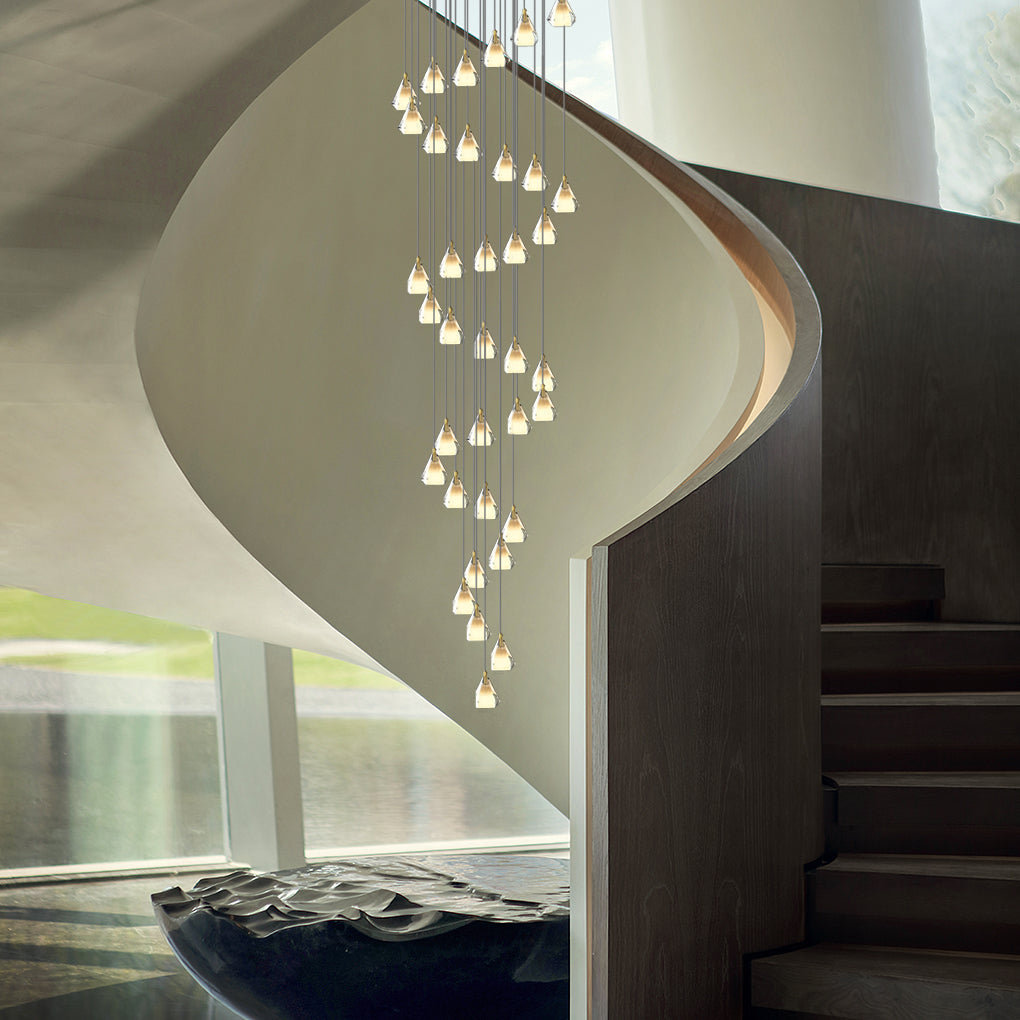 Faceted Crystal Cone Staircase Chandelier, Brass Long Drop Light 5