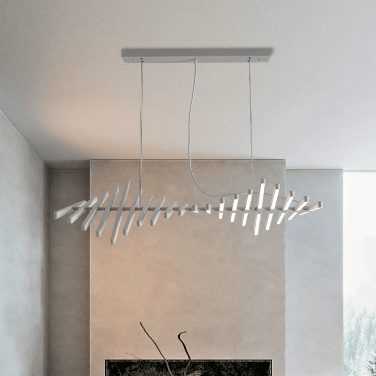 White Rotating Bar LED Chandelier, Sculptural Linear