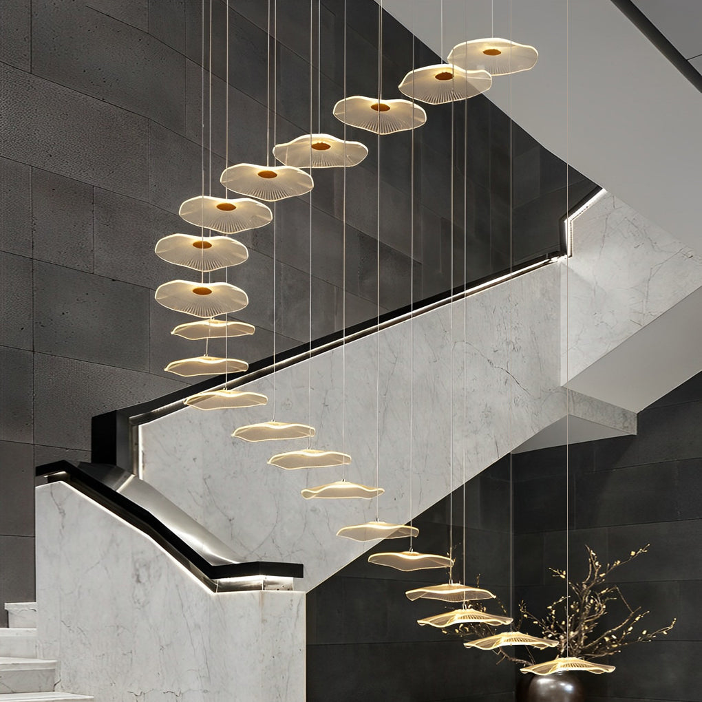 Lotus Leaf Acrylic Staircase Chandelier, Gold Iron Long Drop Light 4