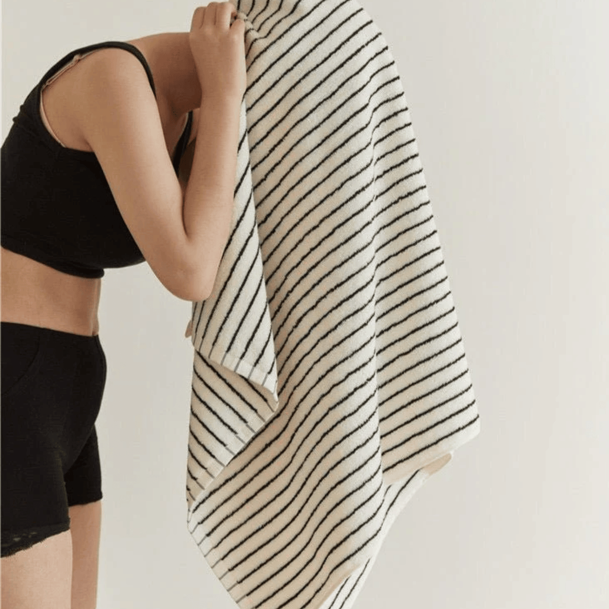 Retro Striped Cotton Towel in Black and White, Yarn Dyed