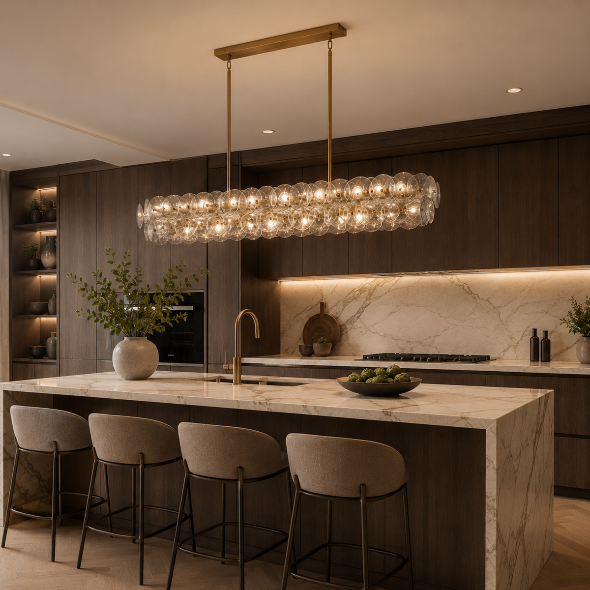 Clear Glass Disc Linear Chandelier, 12 Light Gold Frame
