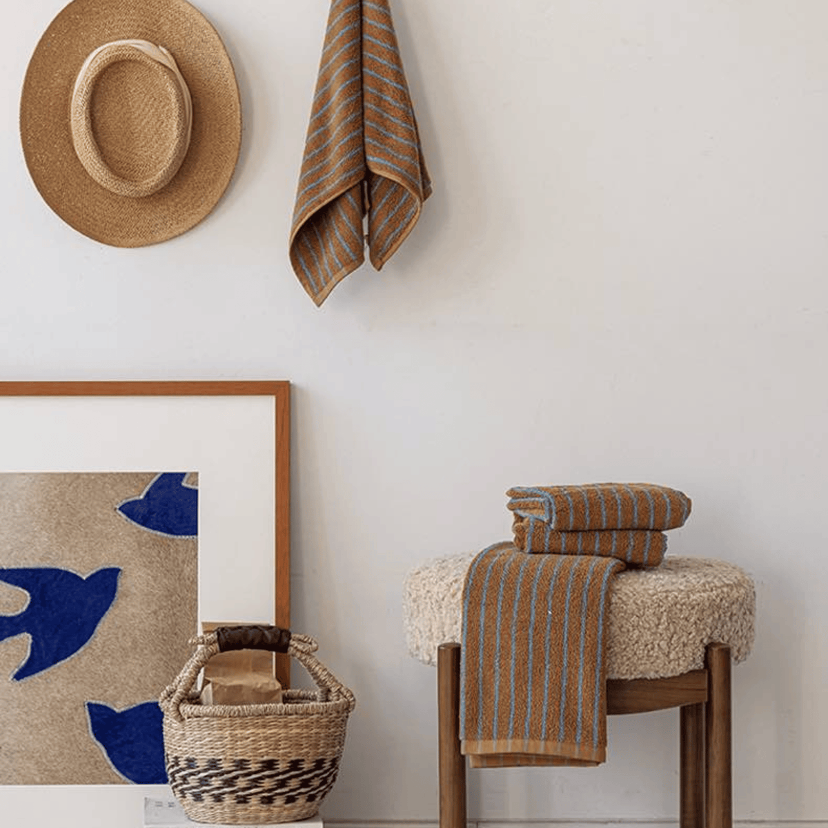 Retro Striped Cotton Towel in Rust and Turquoise