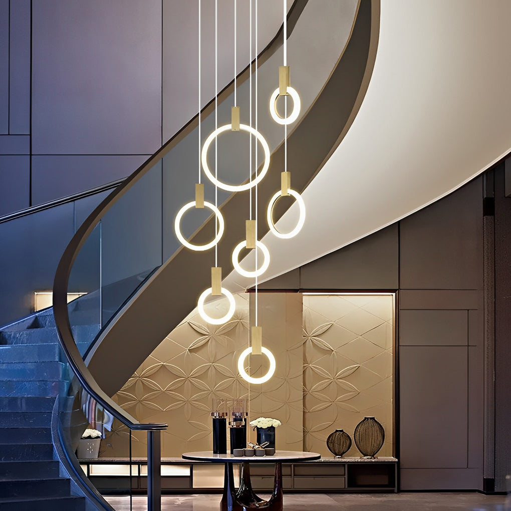 Floating Halo Rings Staircase Chandelier, Iron and Acrylic Light 3