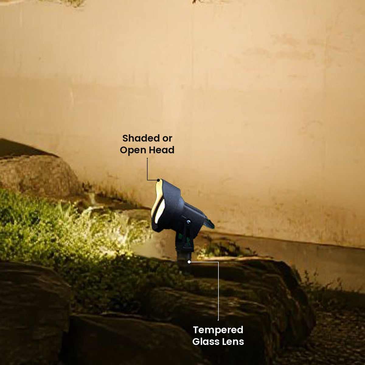 Low Voltage Garden Spike Light: Shaded or Open Head, Tempered Glass Lens
