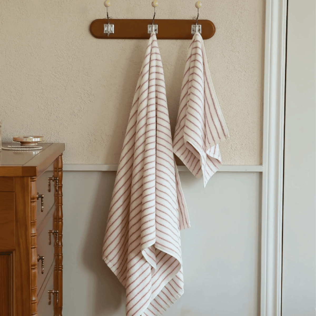 Retro Striped Cotton Towel in Pink and White, Yarn Dyed