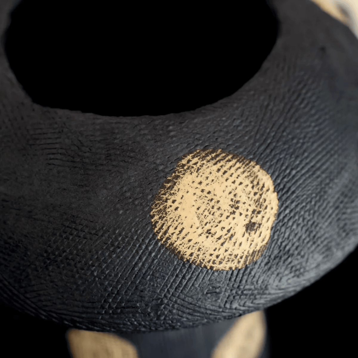 Matte Black Ceramic Vase with Gold Dots, Handmade Modern