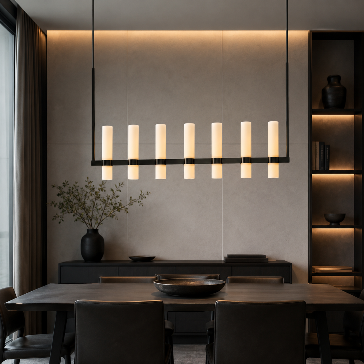 Frosted Glass Cylinder Linear Chandelier, Gold or Black