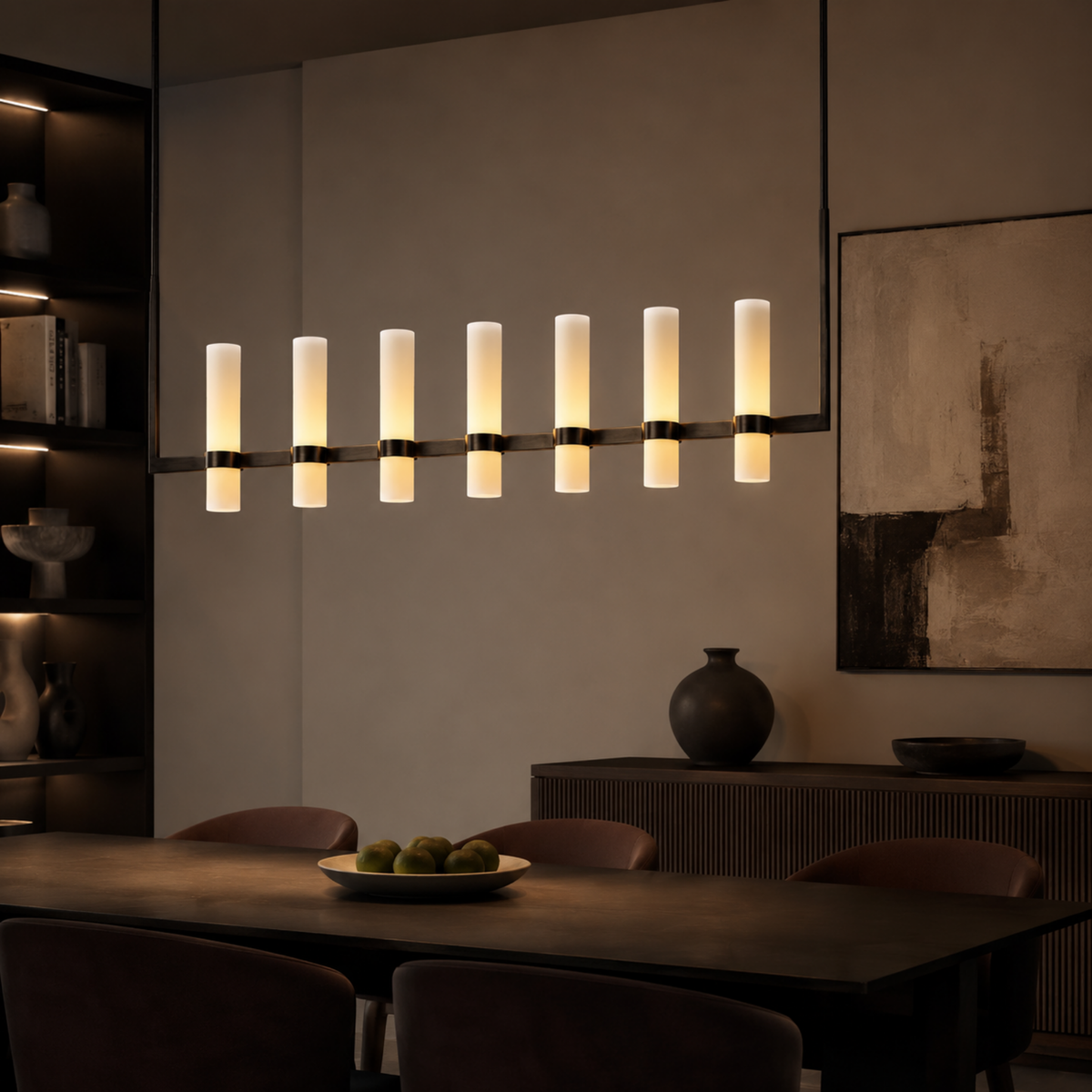 Frosted Glass Cylinder Linear Chandelier, Gold or Black