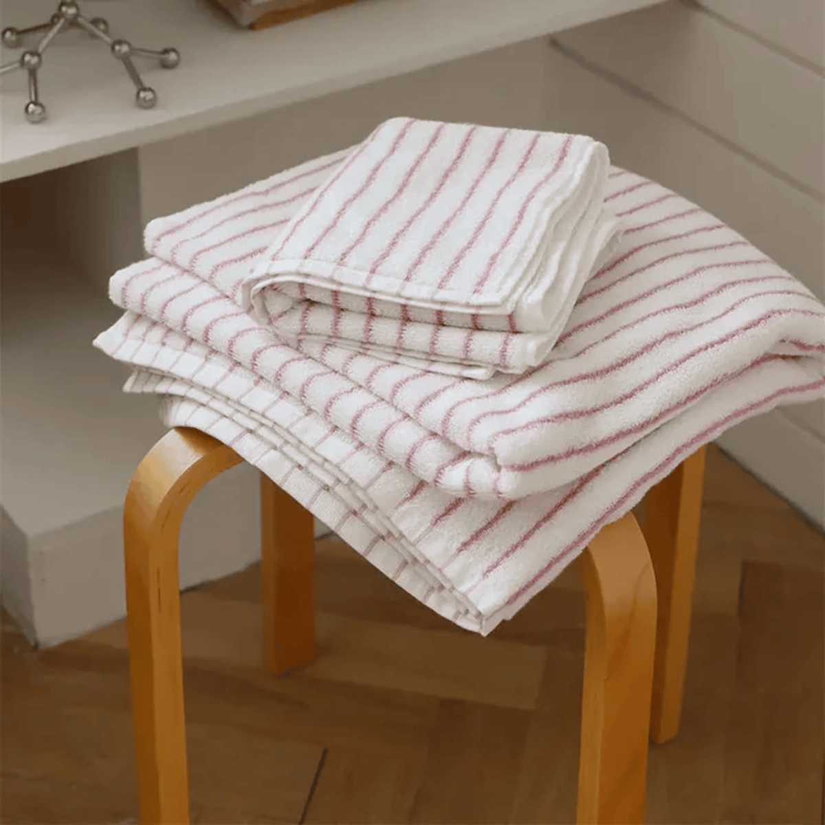 Retro Striped Cotton Towel in Pink and White, Yarn Dyed