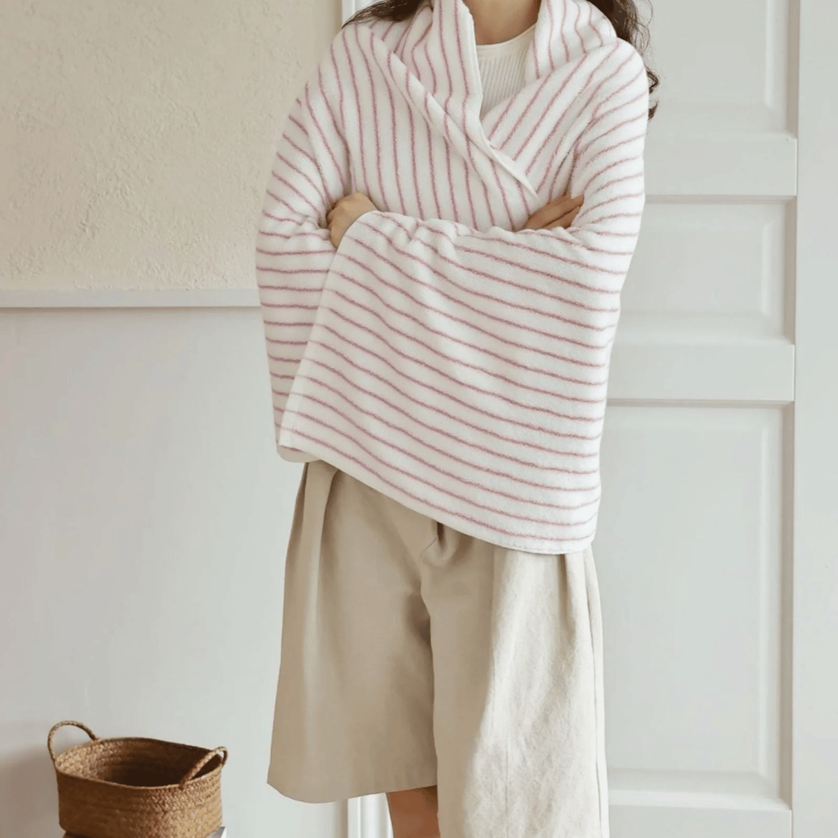 Retro Striped Cotton Towel in Pink and White, Yarn Dyed