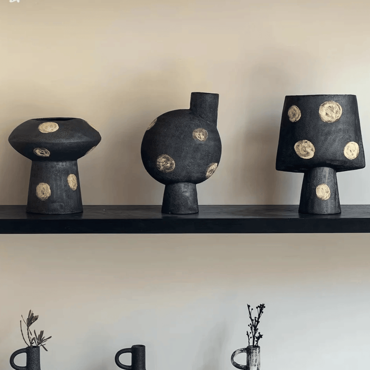 Matte Black Ceramic Vase with Gold Dots, Handmade Modern