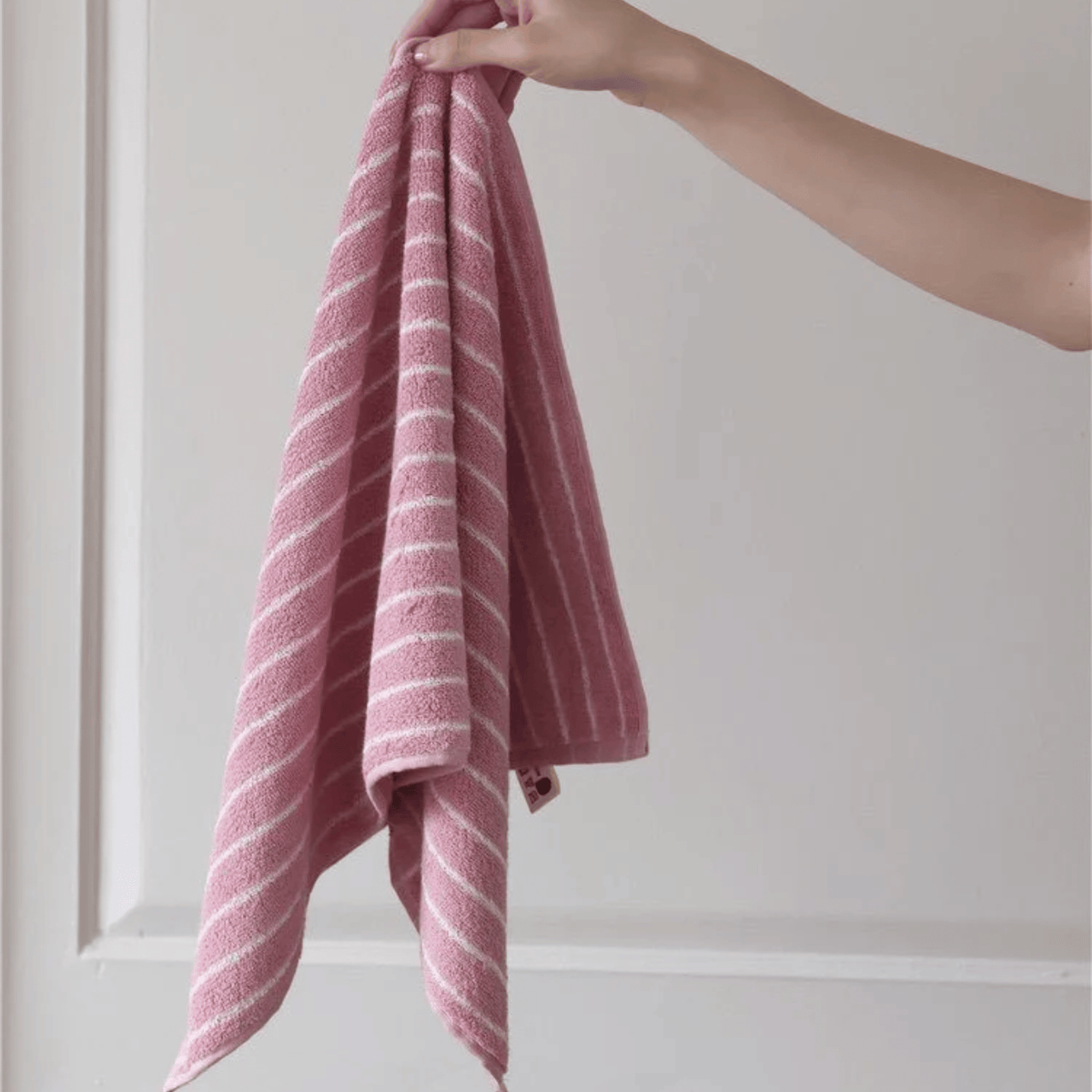 Retro Striped Cotton Towel in Soft Rose, Yarn Dyed