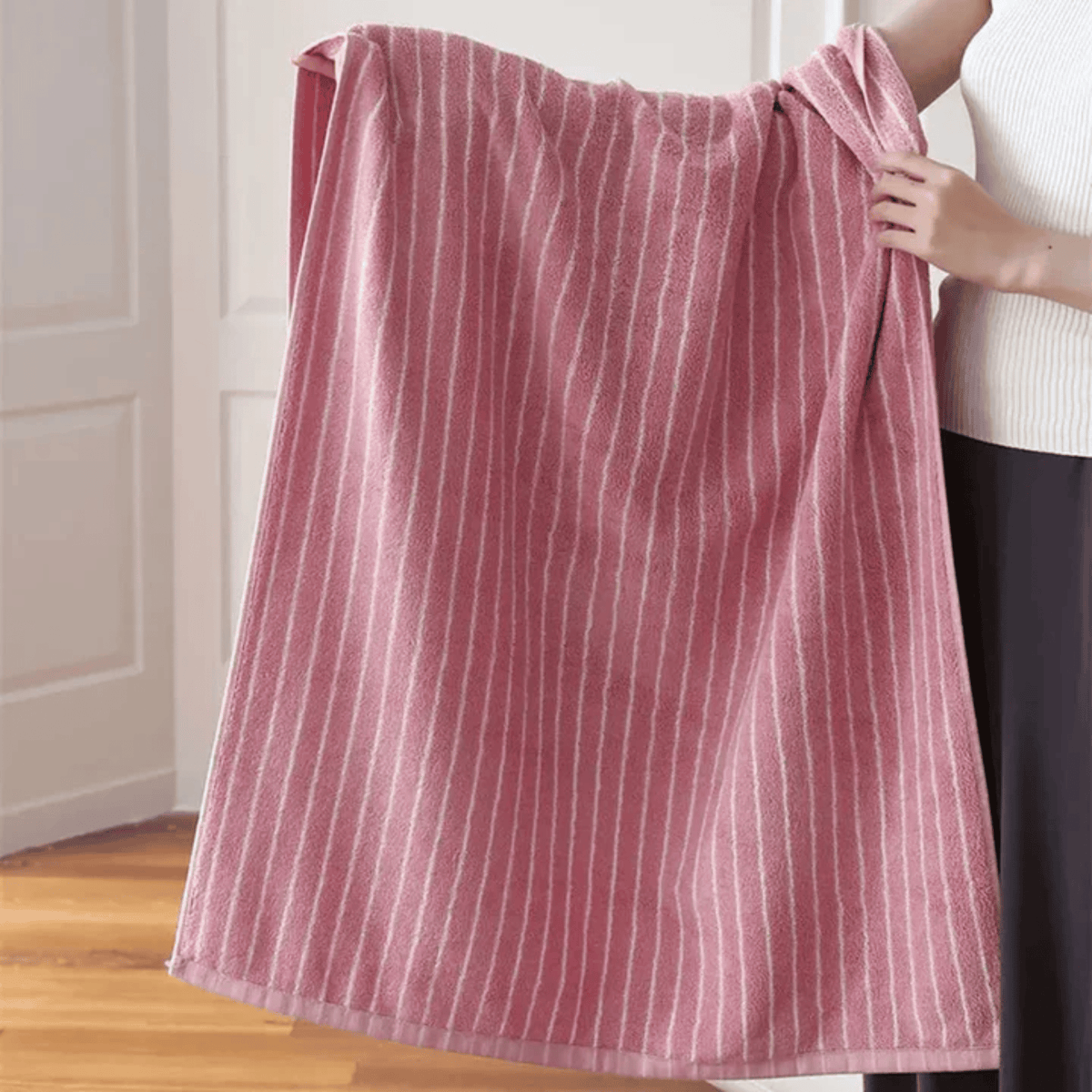 Retro Striped Cotton Towel in Soft Rose, Yarn Dyed