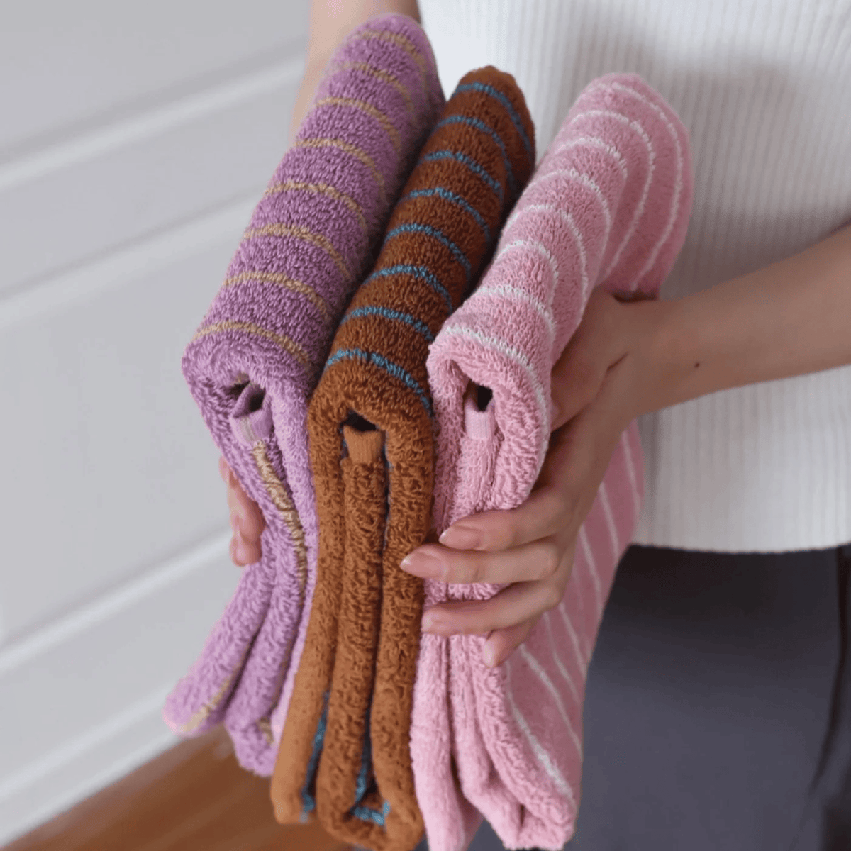 Retro Striped Cotton Towel in Soft Rose, Yarn Dyed