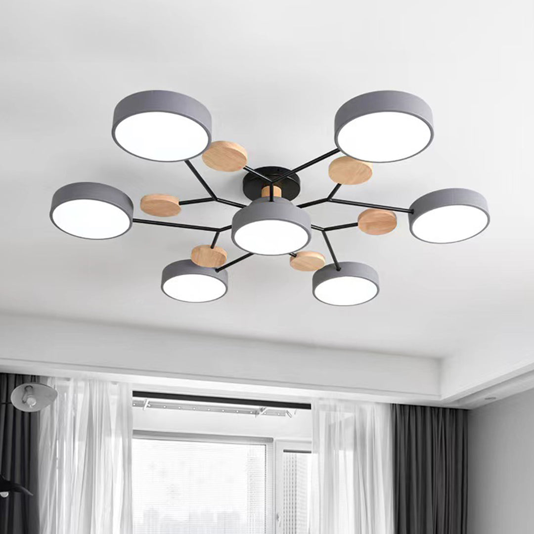 Orbit Disc Semi Flush Chandelier, Wood Accent Metal Ceiling Light 3