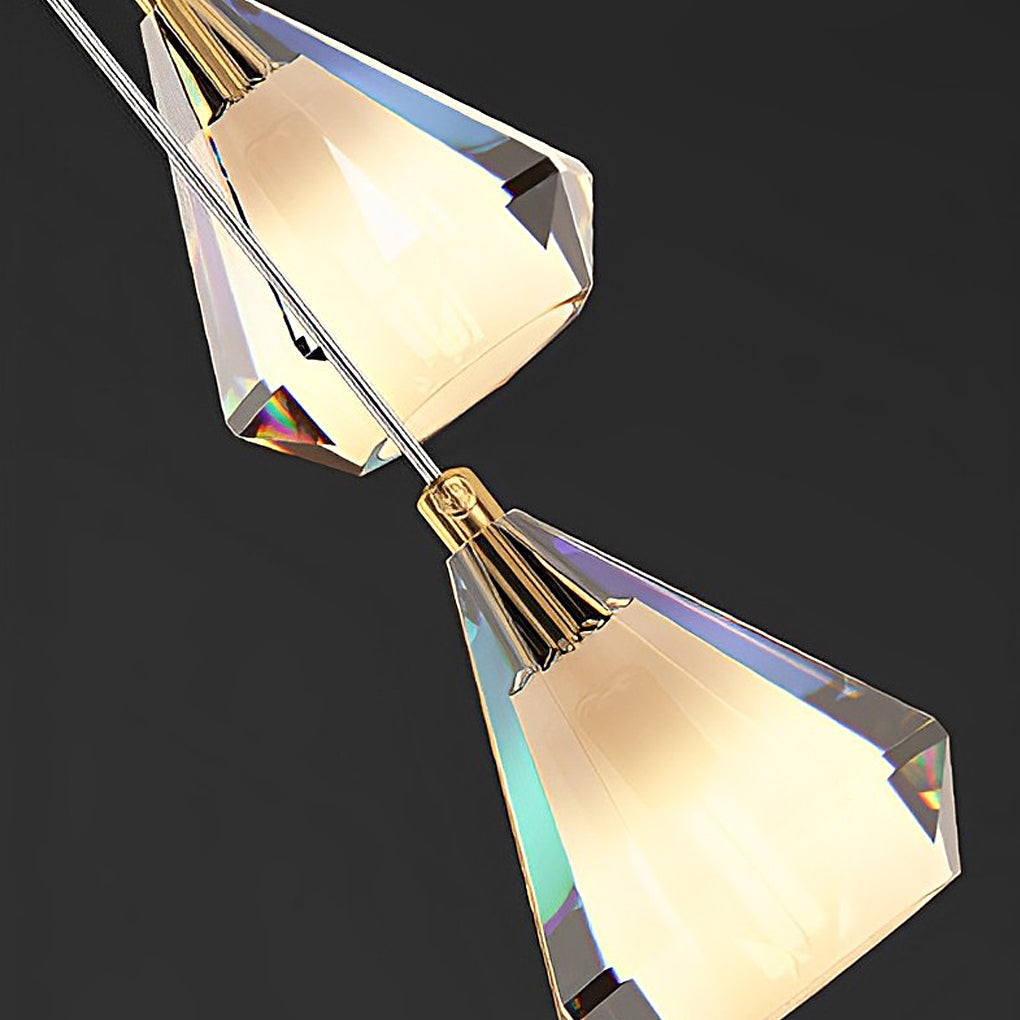 Faceted Crystal Cone Staircase Chandelier, Brass Long Drop Light 7