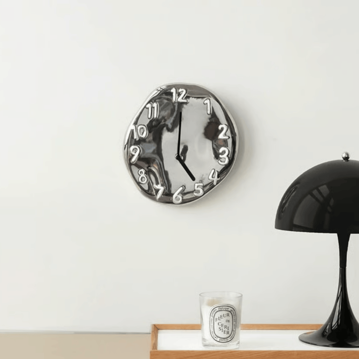 Chrome Glazed Ceramic Wall Clock, Silent Sculptural Clock
