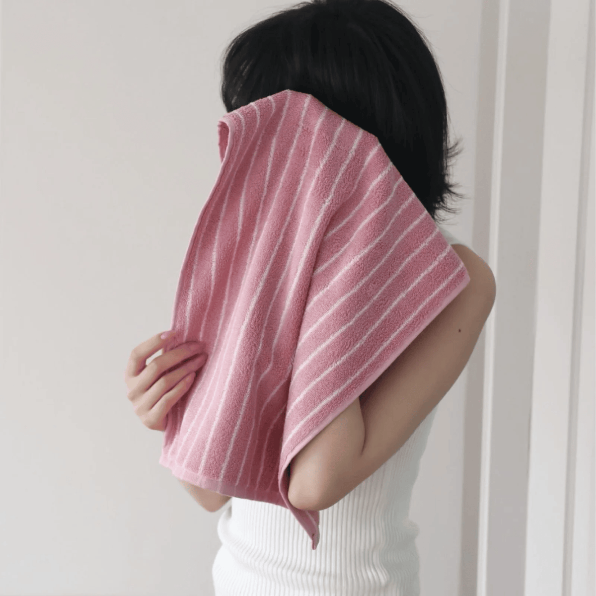 Retro Striped Cotton Towel in Soft Rose, Yarn Dyed