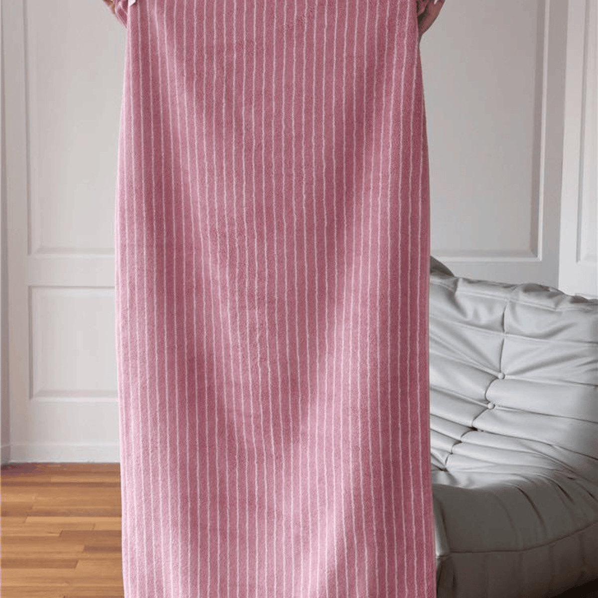 Retro Striped Cotton Towel in Soft Rose, Yarn Dyed
