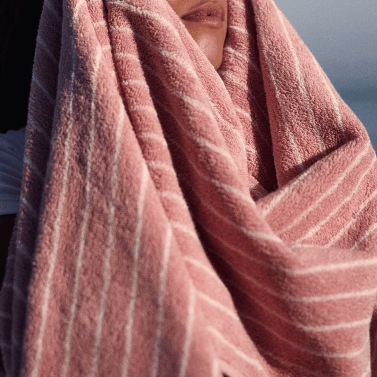 Retro Striped Cotton Towel in Soft Rose, Yarn Dyed