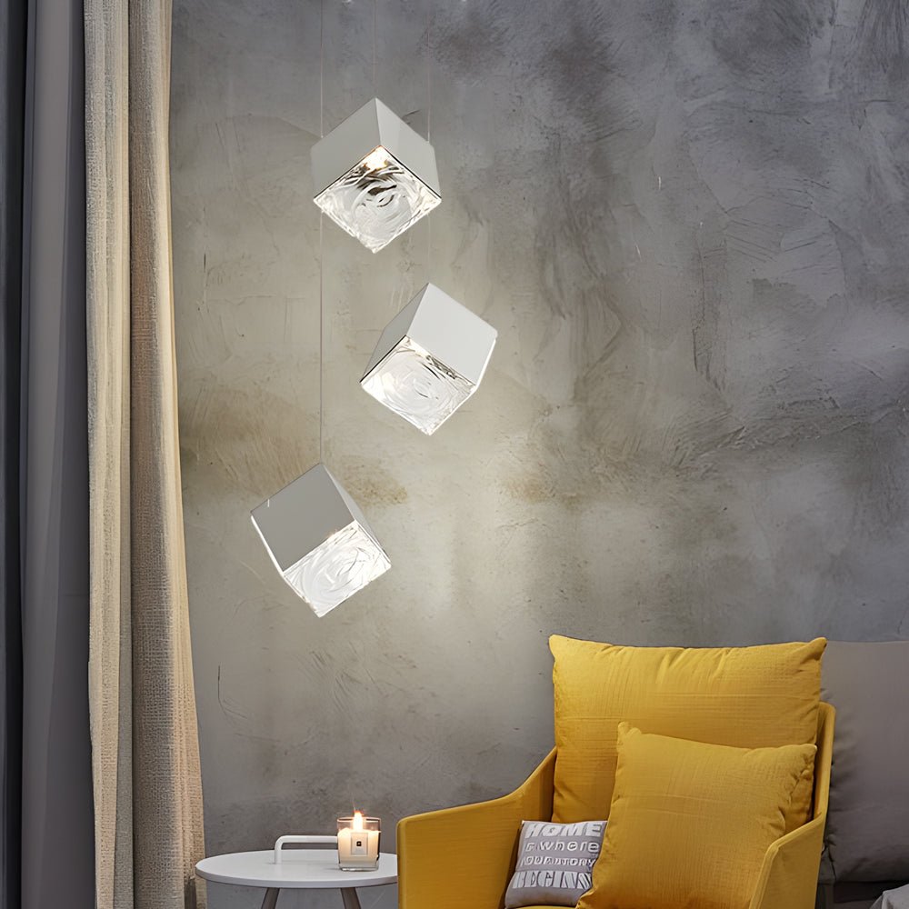Ice Cube Glass Staircase Chandelier, Stainless Steel Pendant Light 5