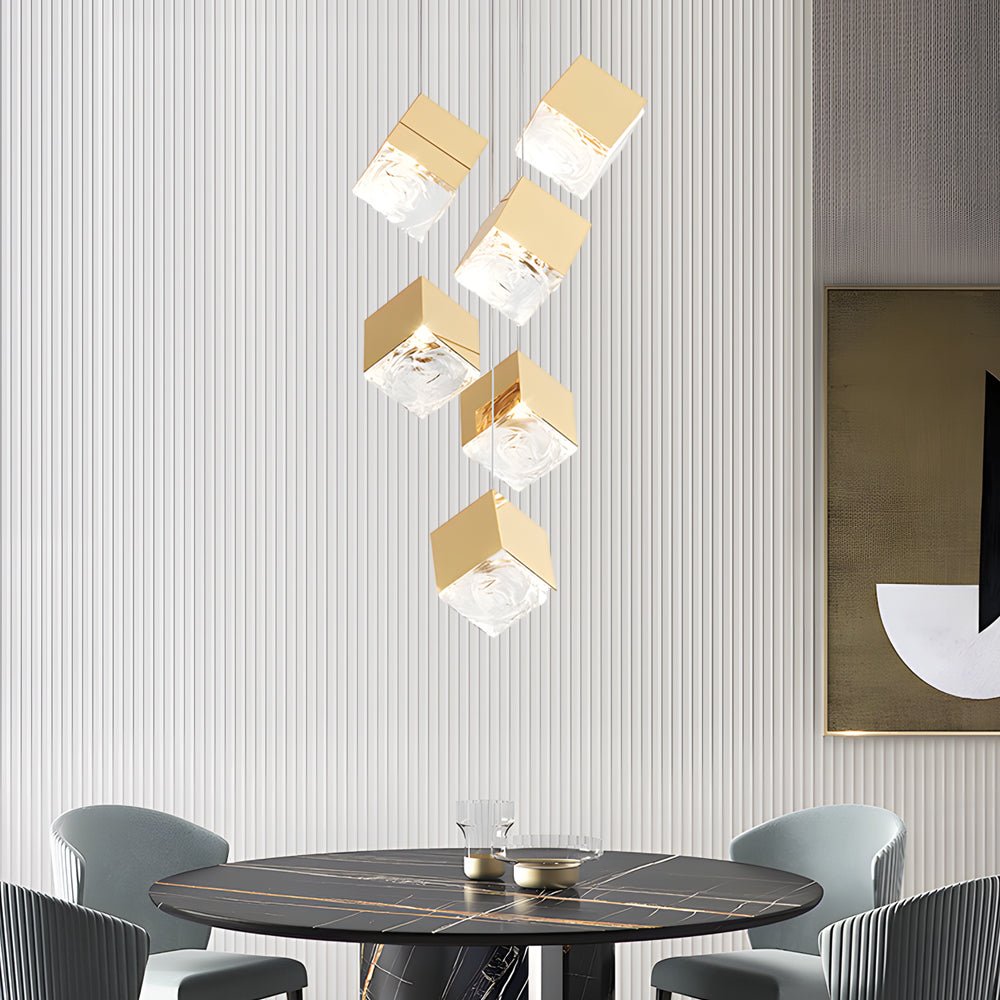 Ice Cube Glass Staircase Chandelier, Stainless Steel Pendant Light