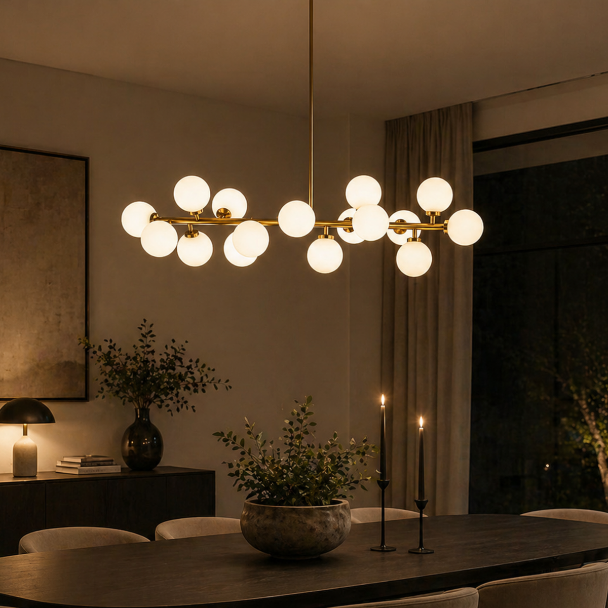 Glass Globe Bubble Linear Chandelier, 16 Light Black or Gold