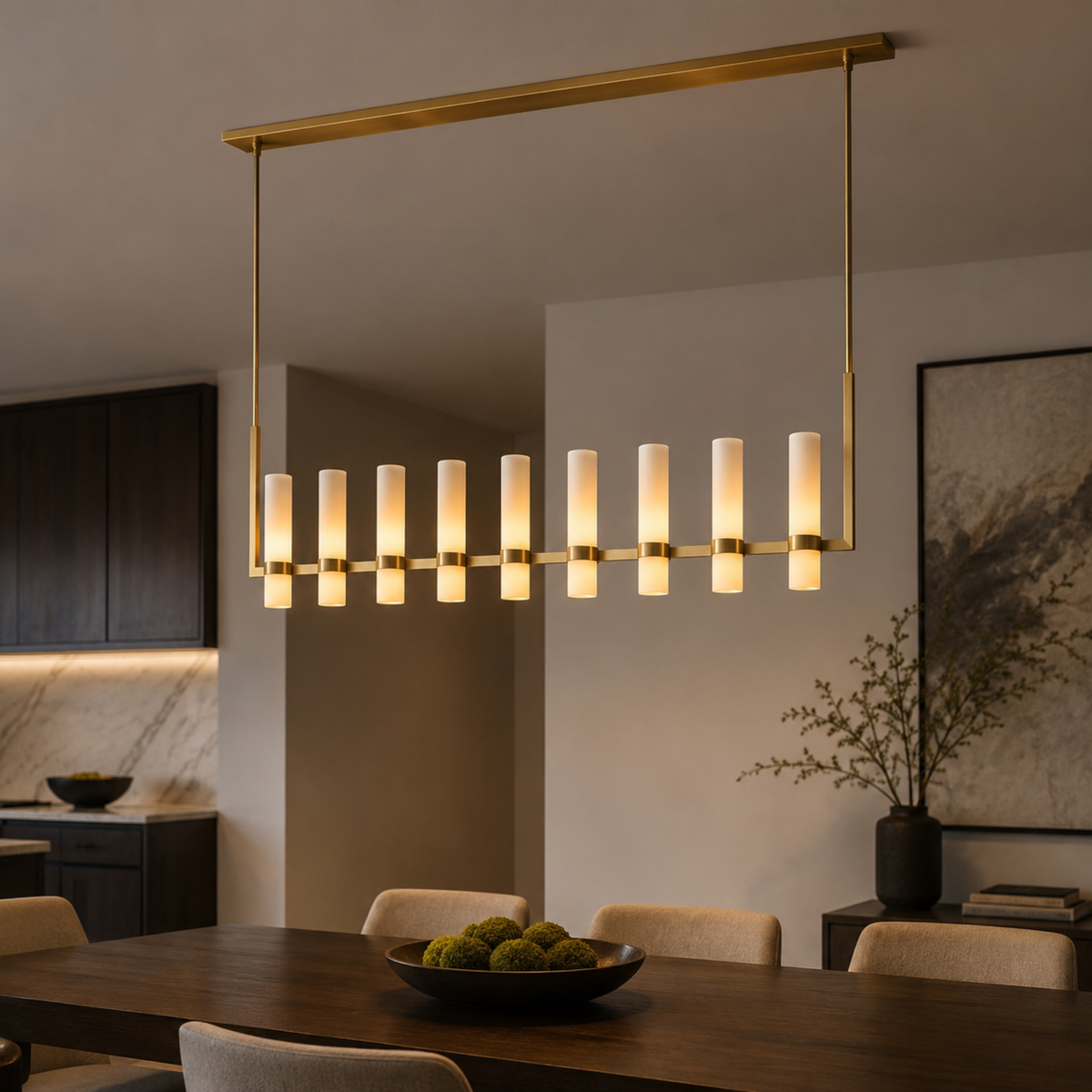 Frosted Glass Cylinder Linear Chandelier, Gold or Black