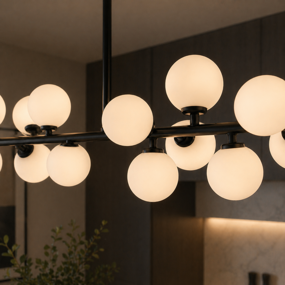 Glass Globe Bubble Linear Chandelier, 16 Light Black or Gold