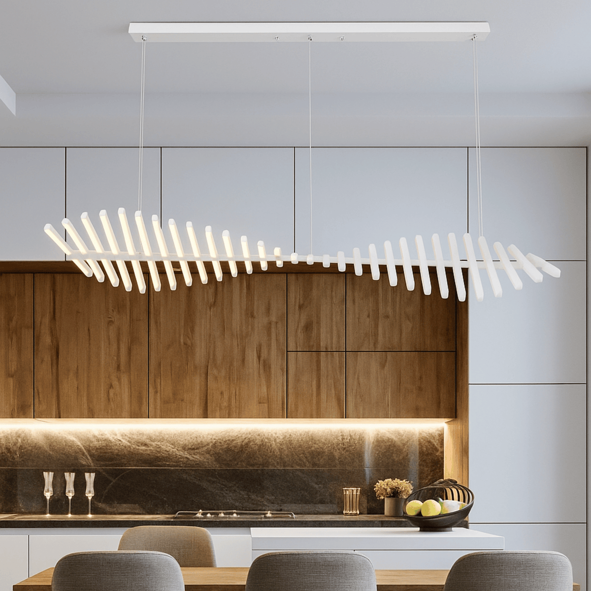 White Rotating Bar LED Chandelier, Sculptural Linear