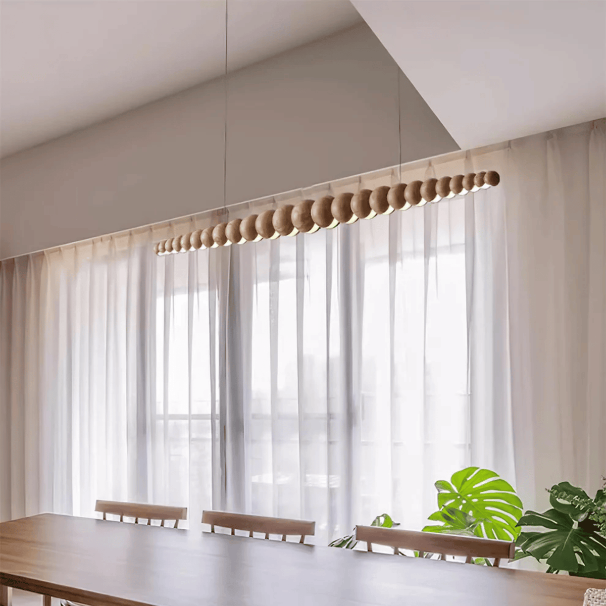 Light Wood Bead Linear LED Pendant, Scandinavian Island
