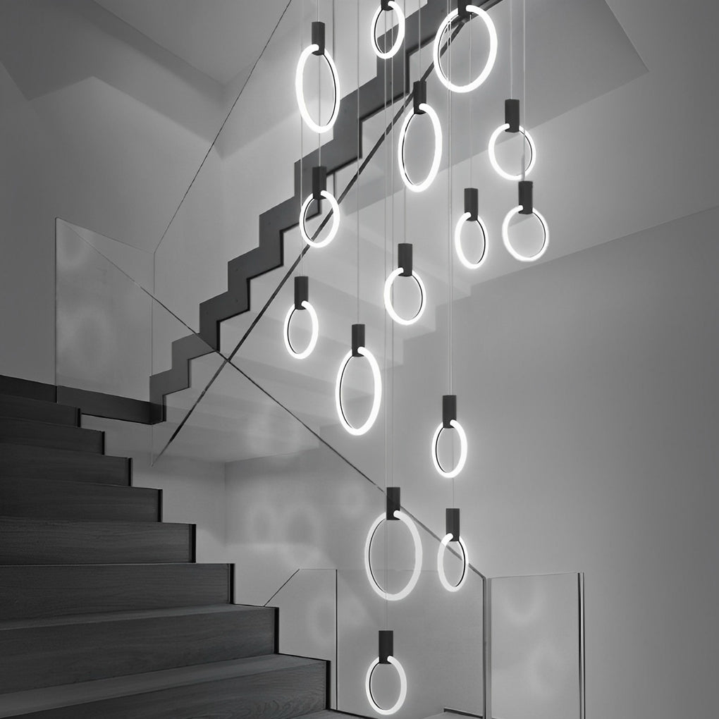 Floating Halo Rings Staircase Chandelier, Iron and Acrylic Light 4