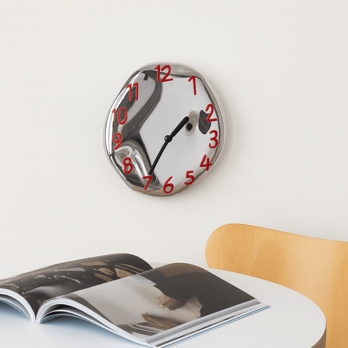 Chrome Glazed Ceramic Wall Clock, Silent Sculptural Clock