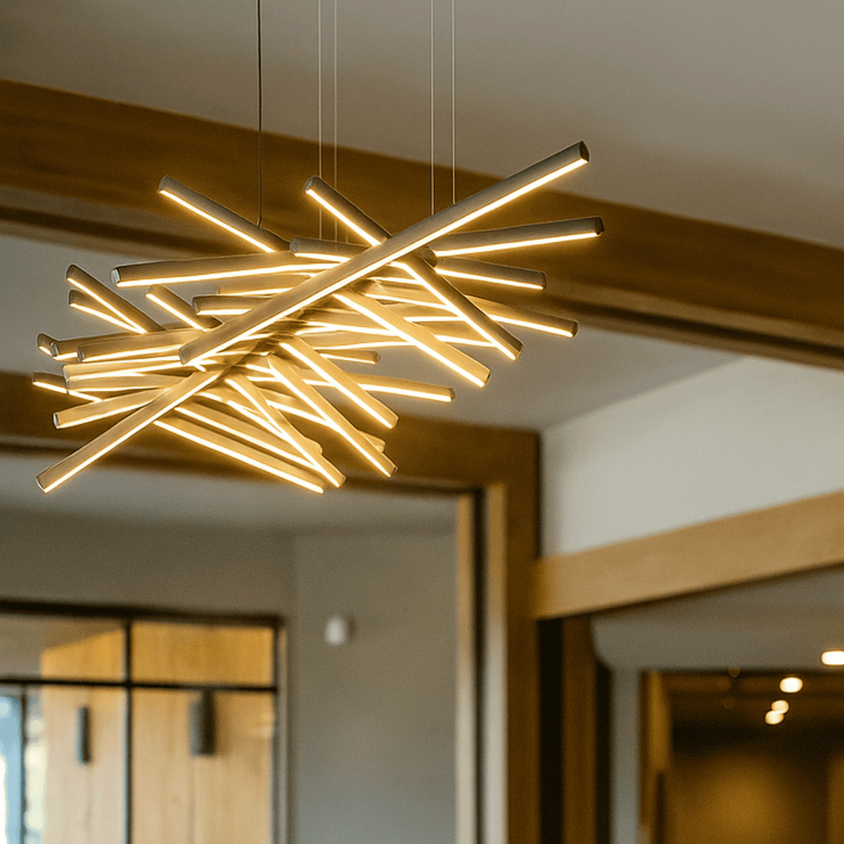 White Rotating Bar LED Chandelier, Sculptural Linear
