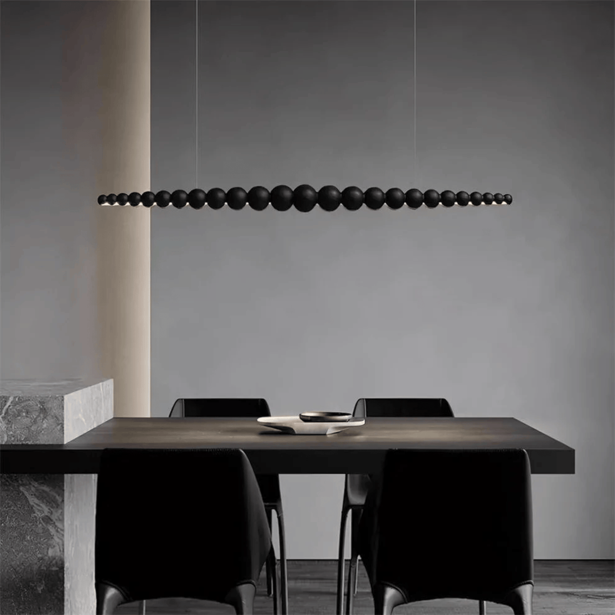 Black Wood Bead Linear LED Pendant, Modern Island Light