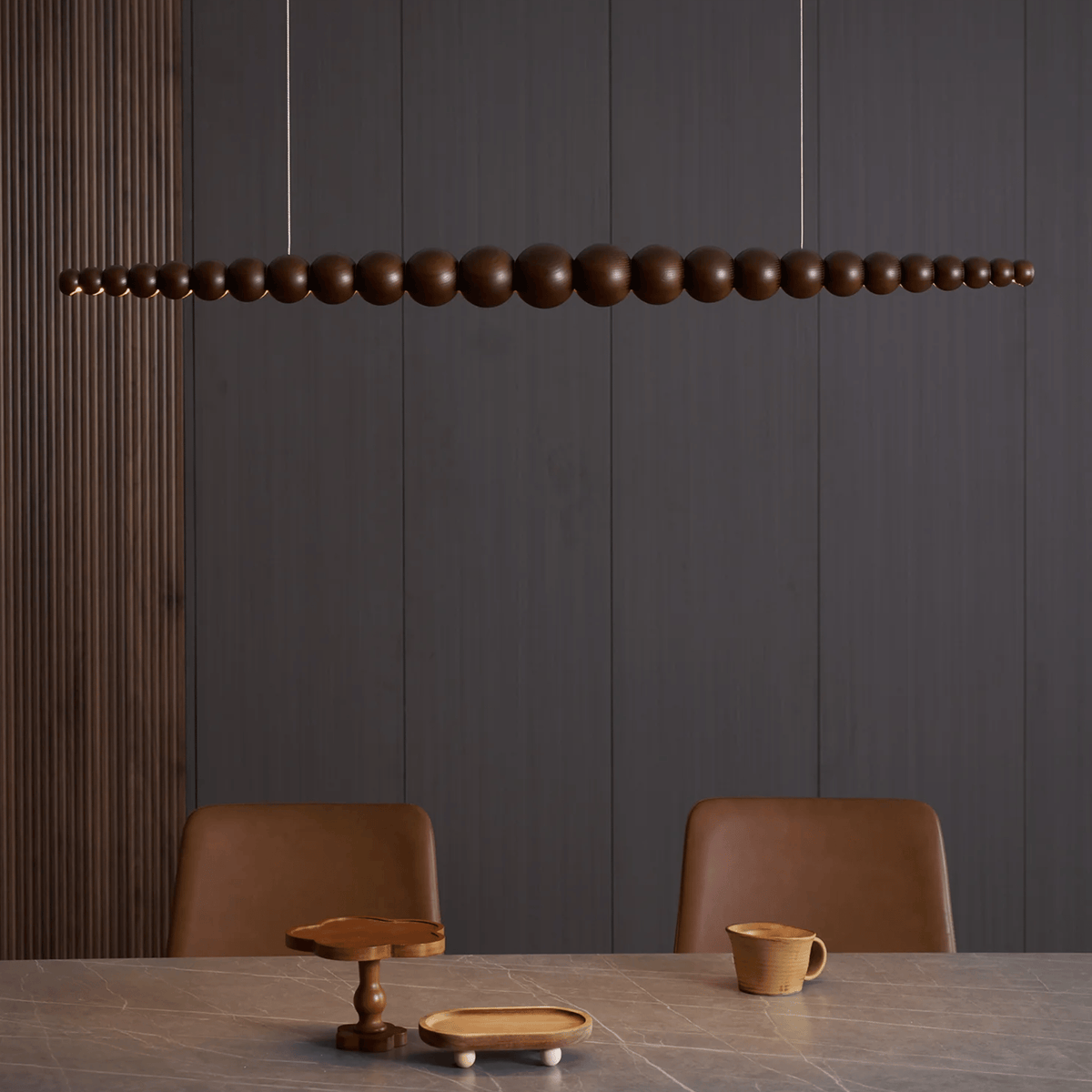 Dark Wood Bead Linear LED Pendant, Japandi Island Light