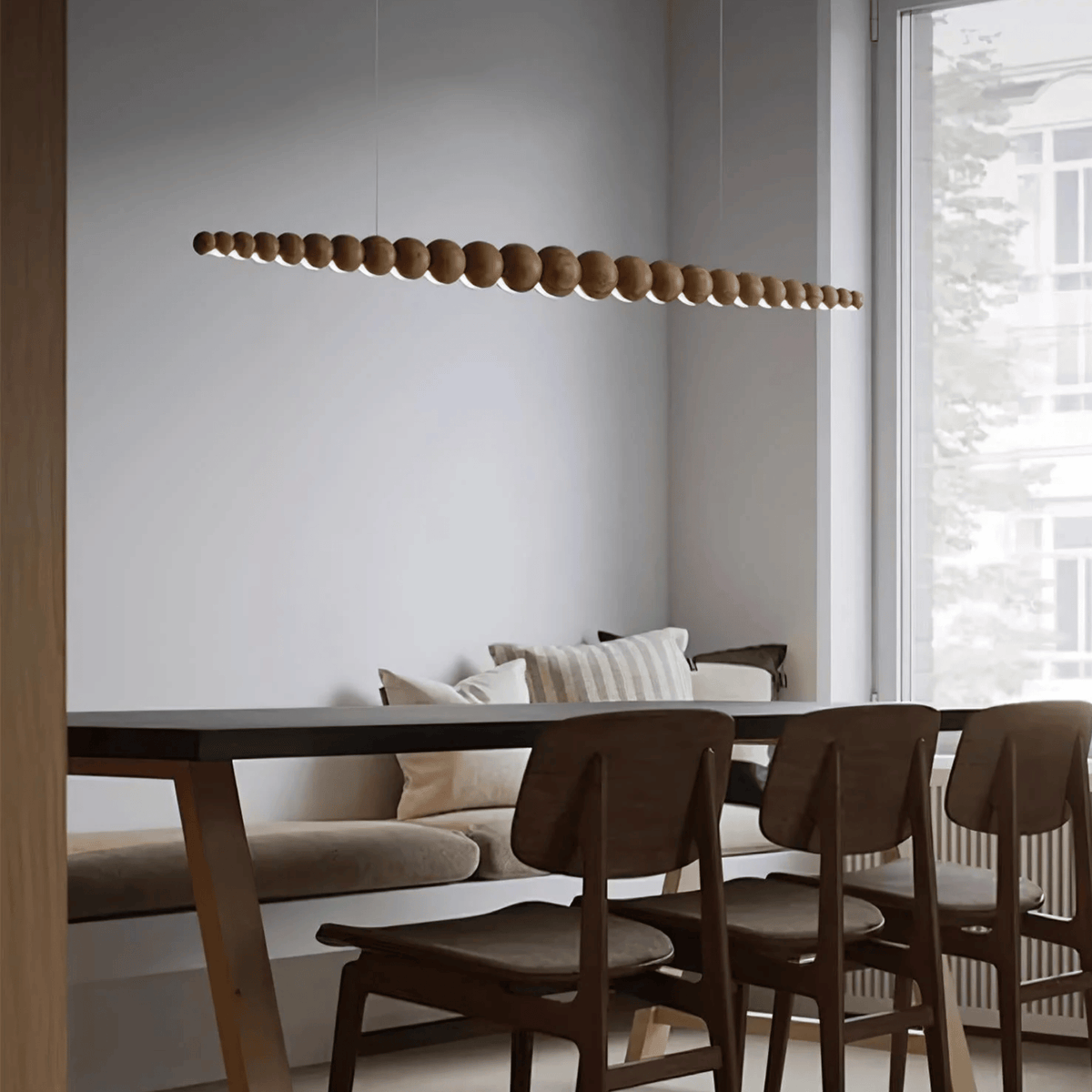 Light Wood Bead Linear LED Pendant, Scandinavian Island