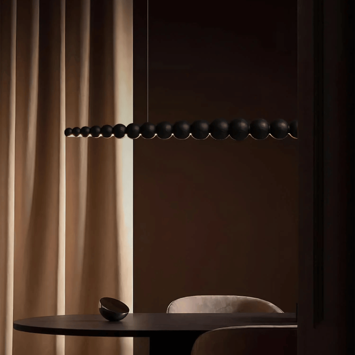 Black Wood Bead Linear LED Pendant, Modern Island Light