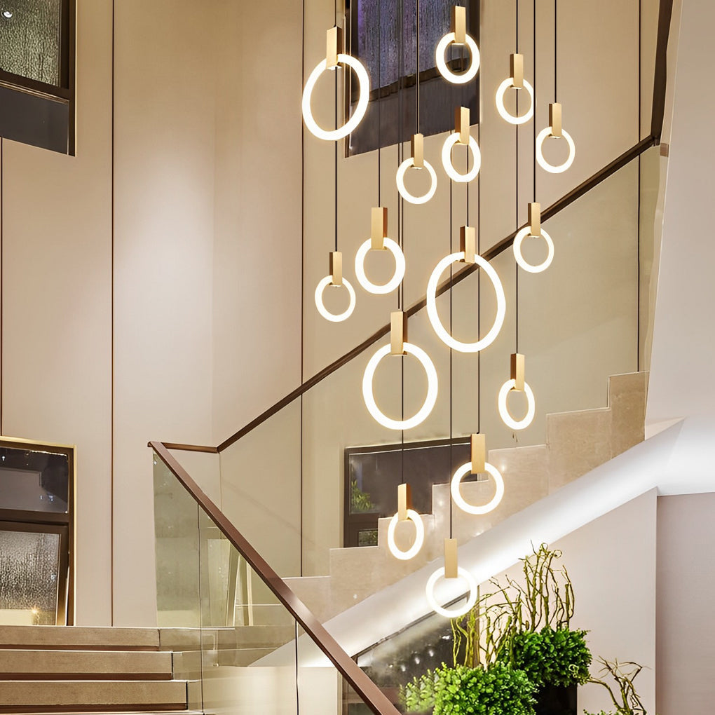 Floating Halo Rings Staircase Chandelier, Iron and Acrylic Light