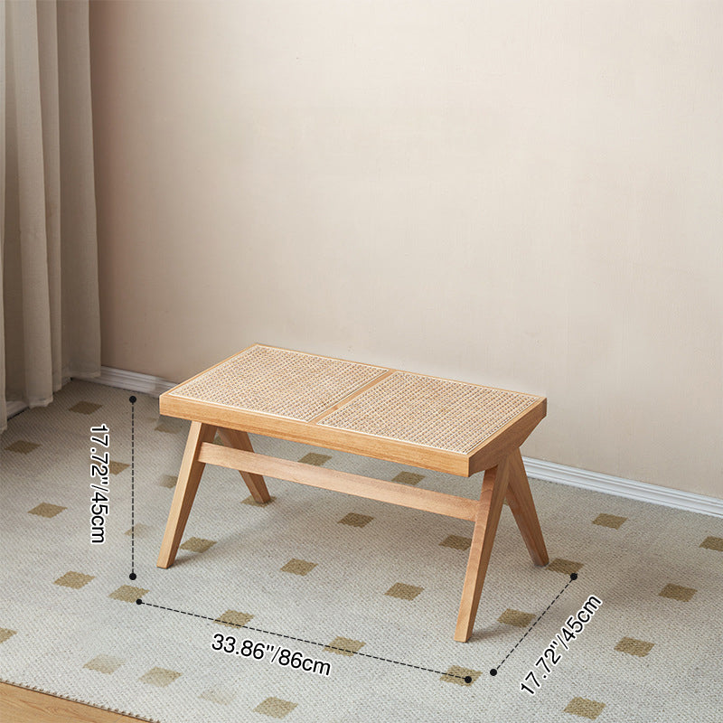 Japanese Rubber Wood Rattan V-Leg Bench With Handwoven Seat
