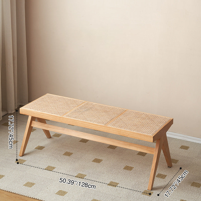 Japanese Rubber Wood Rattan V-Leg Bench With Handwoven Seat
