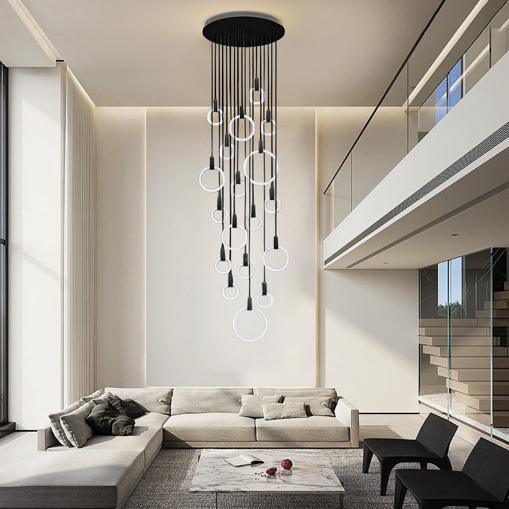 Floating Halo Rings Staircase Chandelier, Iron and Acrylic Light 2