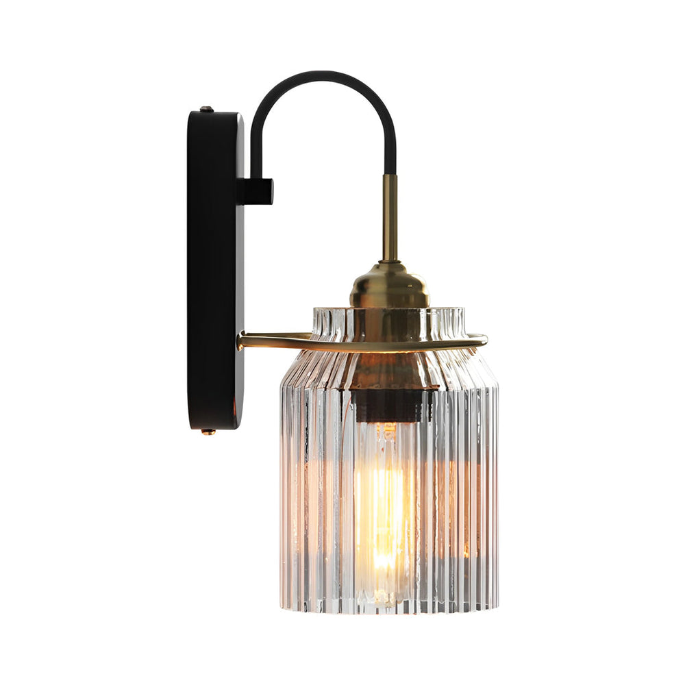 Ribbed Glass Jar Wall Sconce, Gold and Black Wall Light