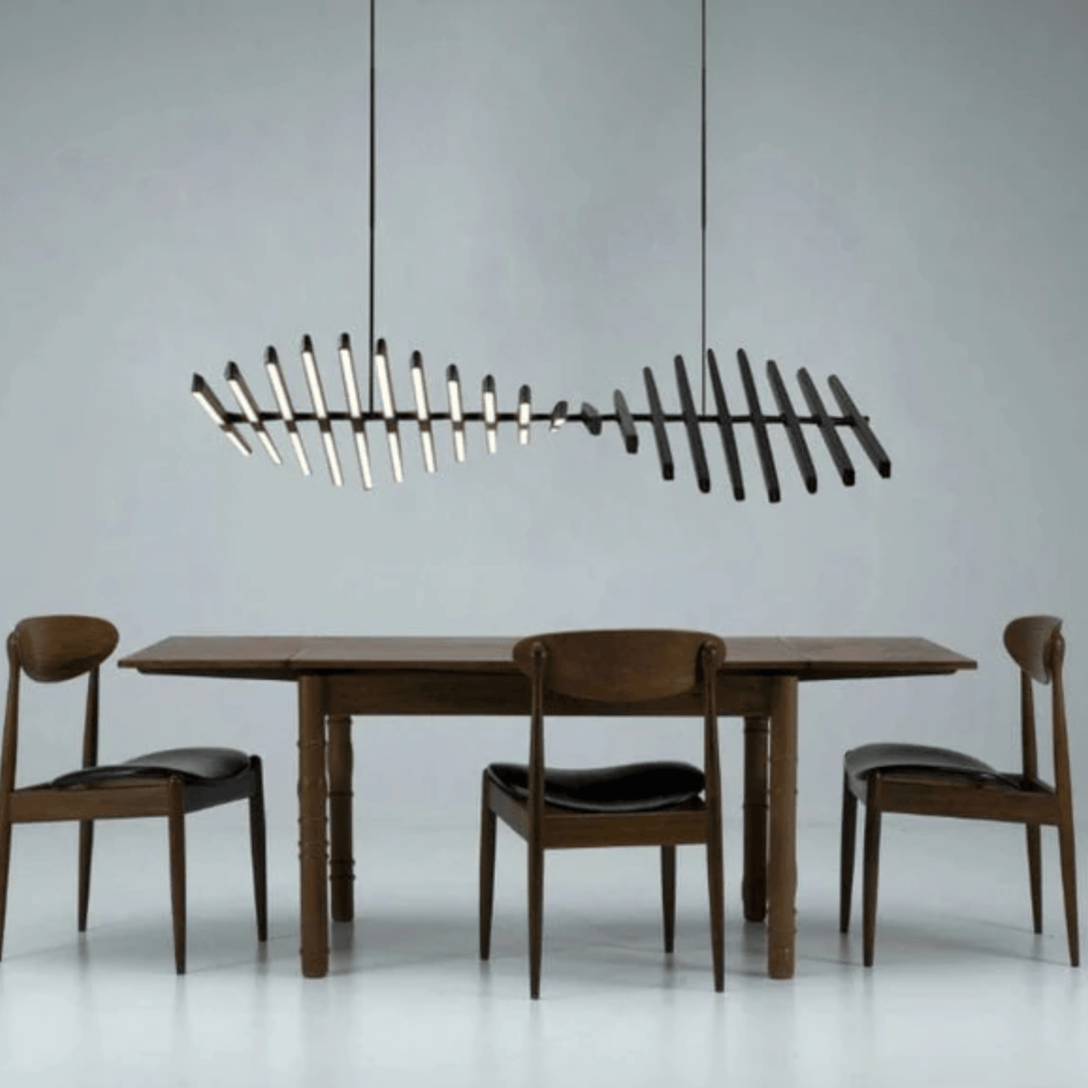 Black Rotating Bar LED Chandelier, Sculptural Linear